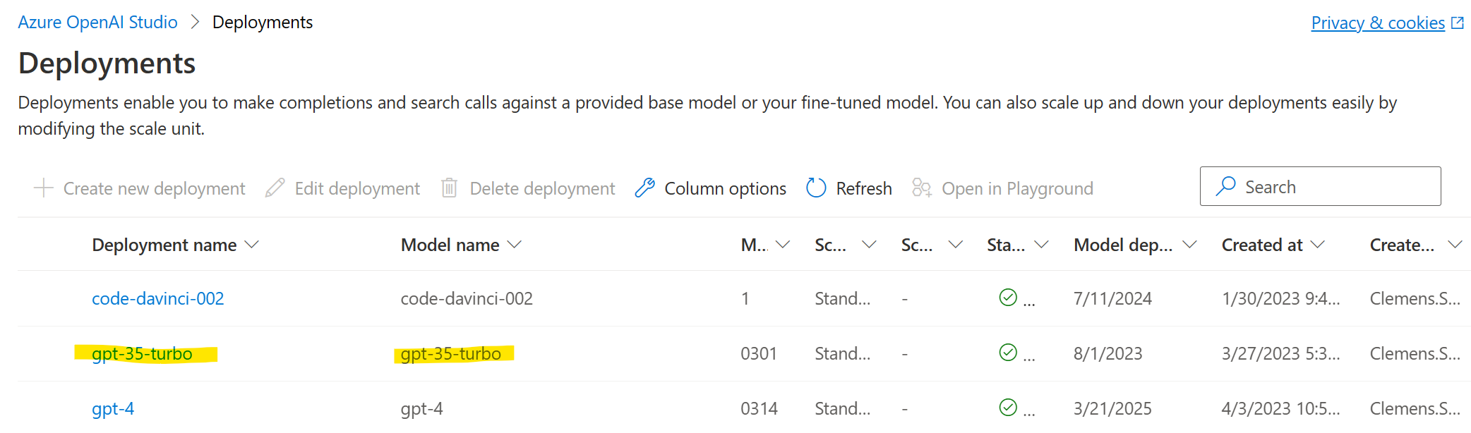 Azure OpenAI Service ChatGPT Model Deployment