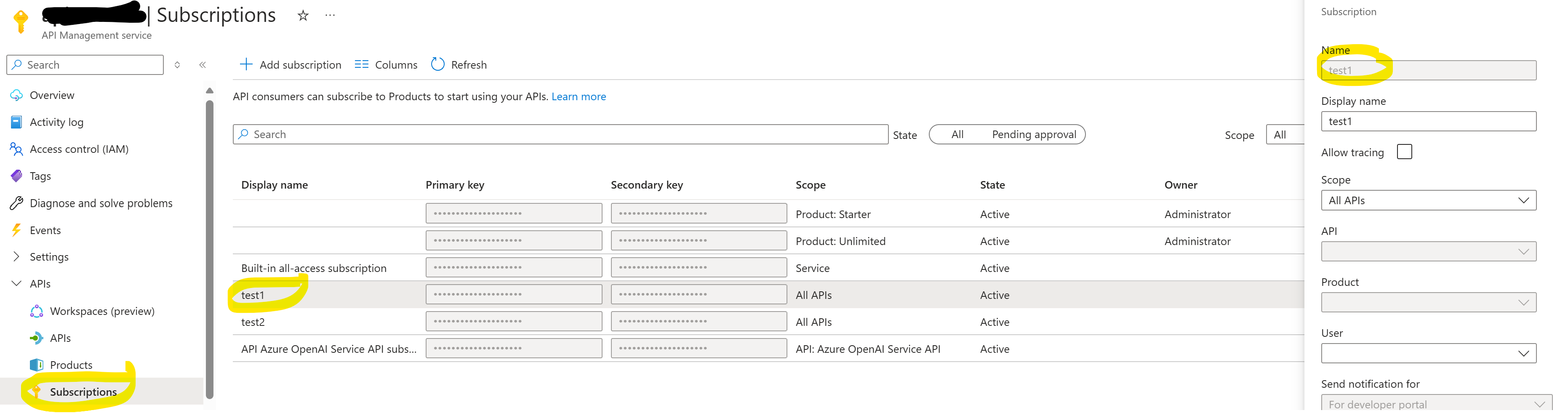 Configuration of multiple subscription keys