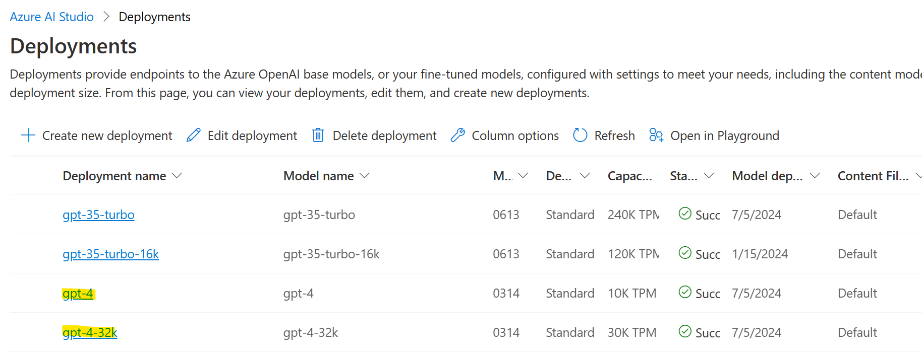 Azure OpenAI gpt4-8k and gpt4-32k model deployments