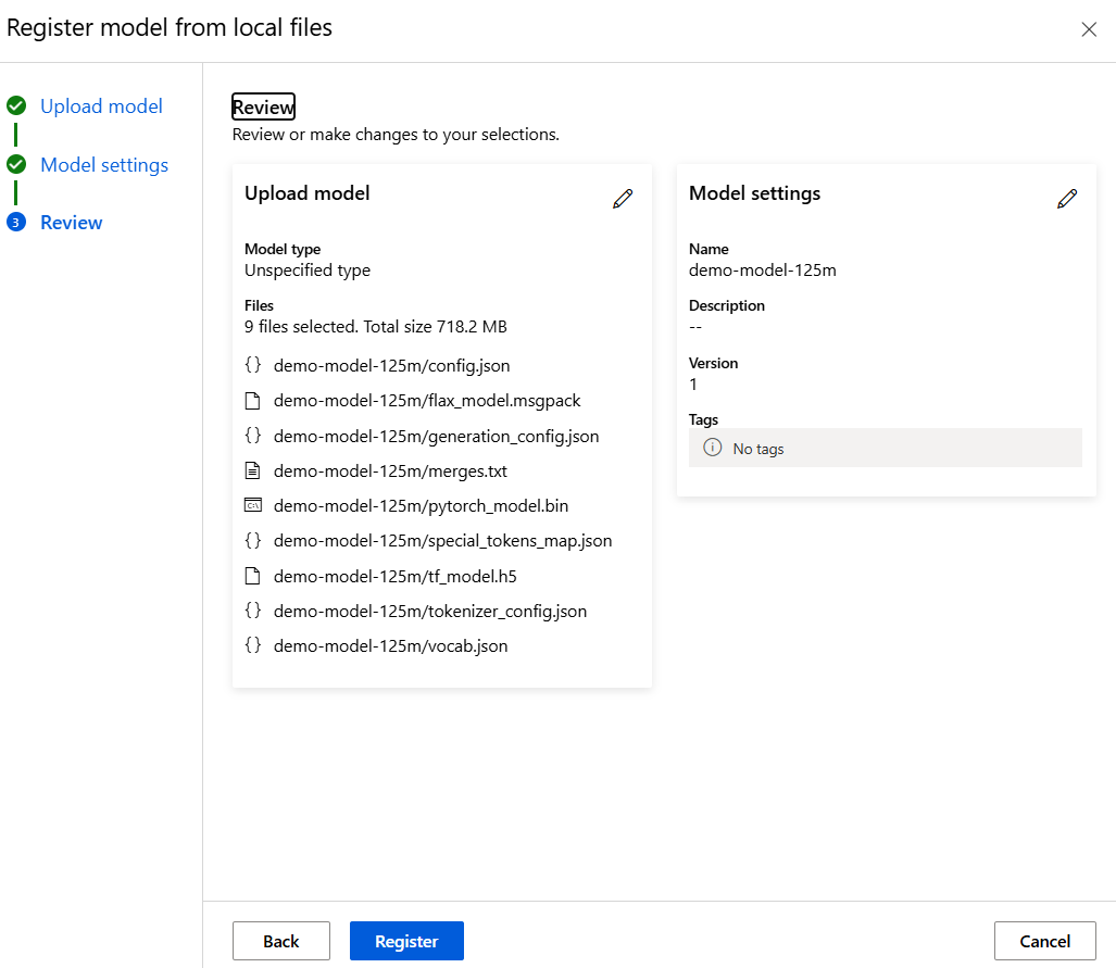 Model registration summary